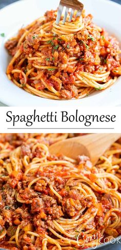 spaghetti bolognzoe with meat and sauce in a white bowl on a wooden spoon