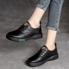 Women Classic Soft Leather Flat Casual Shoes-RAIIFY Black Flat Heel Synthetic Lace-up Shoes, Black Synthetic Flat Heel Lace-up Shoes, Black Synthetic Lace-up Shoes With Flat Heel, Black Leather Platform Lace-up Shoes, Black Leather Shoes With Round Toe For Spring, Black Lace-up Shoes With Textured Sole And Round Toe, Black Flat Sneakers With Leather Sole, Casual Black Platform Lace-up Shoes, Black Lace-up Shoes With Stitched Sole And Round Toe