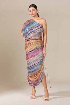 Multi colored pleated base draped ruched dress with abstract floral prints. - Aza Fashions One Shoulder Drape Dress, Color Abstract, Abstract Floral Print, Multicolor Dress, Draped Dress, Ruched Dress, Abstract Floral, Women Dresses, Aza Fashion