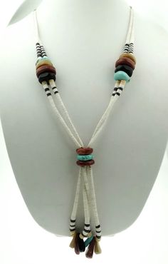 Santo Domingo Style Southwestern Beaded Shell, Turquoise, & Agate Necklace | eBay Southwestern Multi-strand Beaded Necklace With Large Beads, Turquoise Agate Beaded Necklace, Southwestern Multi-strand Beaded Necklace, Southwestern Multi-strand Turquoise Beaded Necklace, Beaded Shell, Southwestern Style Hand-strung Blue Beaded Necklaces, The Necklace, Agate Necklace, Beaded Material