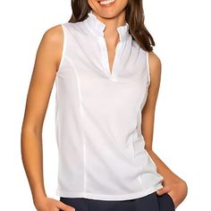 Ellie Day Classic Sleeveless Ruffle Collar V-Neck Top in White Ellie Day White 4-way Stretch Breathable Top, White Breathable 4-way Stretch Tops, White Breathable Top For Golf, Breathable 4-way Stretch White Tops, White Breathable Sleeveless Top, White Athleisure Tops For Golf, Cute Golf Outfits, Cute Golf Outfit, Cute Golf