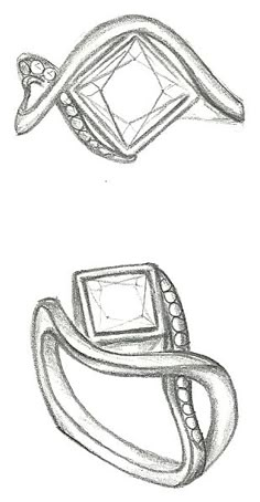 Mark Schneider Design - Aurora engagement ring with 2 carat princess cut diamond Stone Drawing, Princes Cut, Ring Sketch, Jewellery Illustration, Jewelry Facts, Ring With Stone, Diamond Bracelet Design