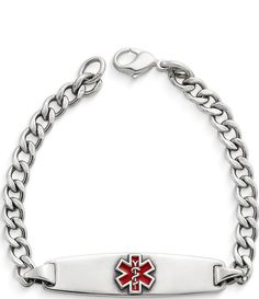 From James Avery&#x2C; this bracelet features:The red enameled Star of Life symbol on this sterling silver medical bracelet combines function with style and may be personalized with an engraved message to alert paramedics of an allergy or medical condition.Sterling silverEnamellobster claw closureSmall approx. 6.5" longMedium approx. 7" longLarge approx. 7.5" longCrafted in America using the world's finest materials. Modern Personalized Metal Jewelry, Classic White Rectangular Bracelets, Engraved Stainless Steel Link Jewelry, Stainless Steel Oval Link Bracelets With Polished Finish, Oval Link Stainless Steel Bracelets With Polished Finish, Modern Hypoallergenic Silver Charm Bracelet, Polished Stainless Steel Oval Link Bracelets, Personalized Silver Link Bracelets, Personalized Silver Link Bracelet