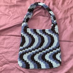 Crochet Resell Handmade Blue Wavy Crochet Bag! I Bought This A Few Years Ago From A Talented Crochet Artist! Love It But I Just Never Use!! Trendy Blue Crochet Bags, Trendy Blue Crochet Bag For Everyday Use, Trendy Blue Crochet Bag For Everyday, Retro Blue Handmade Bags, Retro Handmade Blue Bags, Crochet Wavy Bag, Wavy Crochet, Chanel Pouch, Pom Pom Purse