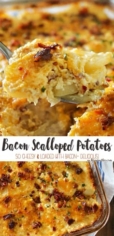 bacon, scalloped potatoes casserole in a glass dish with a spoon