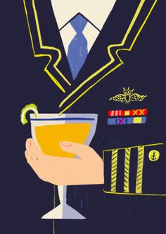 a hand holding a drink in front of a navy officer's uniform and tie