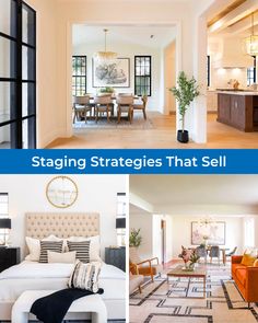 a collage of photos with the words staging strategies that sell