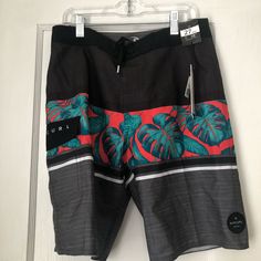 Board Shorts By Ripcurl Black/Floral Pattern Size 27 Waist New With Tags Black Cotton Swim Trunks With Pockets, Red Short Bottoms For Surfing, Black Cotton Swim Trunks For Vacation, Gray Beach Shorts, Casual Black Swim Trunks, Casual Black Cotton Swim Trunks, Casual Multicolor Surfing Bottoms, Casual Black Surfing Shorts, Black Cotton Swim Trunks For Summer