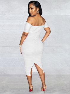 Material:80-90% Polyester & Spandex.Features:Off-shoulder. short sleeves. solid color. cut-out. ruched. zipper. split. bodycon midi dress.Style:Party. Club-ready Ruched Midi Dress, Solid Color Midi Dress For Club, Solid One Shoulder Bodycon Midi Dress, Solid One-shoulder Bodycon Midi Dress, Knee-length Bodycon Midi Dress For Club, Bodycon Knee-length Midi Dress For Club, Stretch Off Shoulder Midi Dress For Night Out, Bodycon Ruched Midi Dress For Club, Club Bodycon Midi Dress With Ruched Detail