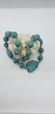 "One of a kind work of art hand crafted by Hawaii artist Myrna Lee Chang. Chunky turquoise necklace with pewter caps, spacers and clasp. This 22\" necklace is made with round and free form natural turquoise pieces. A lovely timeless wearable art piece. It is in excellent unused condition. Suggested retail is $400.00 ALL SALES FINAL. NO RETURNS OR EXCHANGES. PLEASE ASK ALL QUESTIONS AHEAD OF TIME. Feel free to message me with any questions. Photograph have not been enhanced in anyway. I have trie Handmade Turquoise Round Necklace, Handmade Artisan Turquoise Oval Necklace, Handmade Artisan Oval Turquoise Necklace, Artisan Handmade Oval Turquoise Necklace, Artisan Turquoise Oval Necklace, Turquoise Oval Natural Stones Necklaces, Traditional Turquoise Oval Beads Jewelry, Turquoise Necklaces With Oval Natural Stones, Oval Turquoise Natural Stone Necklaces