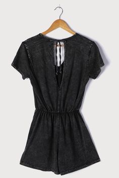 Lulus Exclusive! The Lulus Casual Cutie Washed Black Short Sleeve Romper is the easiest way to look cute this season! Garment-washed cotton stretch knit shapes this romper that has a V-neckline, short sleeves, and a blousy bodice with a back keyhole and tying closure at the neck. An elasticized waist tops flowy shorts to complete the look. Fit: This garment fits true to size. Length: Above mid-thigh. Size small measures 30.5" from shoulder to hem. Bust: Great for any cup size. Waist: Fitted - el Casual Cotton V-neck Jumpsuits And Rompers, Summer Cotton Jumpsuits And Rompers With Short Sleeves, Chic Cotton V-neck Jumpsuits And Rompers, Cotton V-neck Jumpsuits And Rompers For Summer, Summer Cotton V-neck Jumpsuits And Rompers, Summer Cotton V-neck Jumpsuit, Summer Relaxed Fit V-neck Jumpsuits And Rompers, Summer V-neck Jumpsuits And Rompers With Relaxed Fit, Summer V-neck Relaxed Fit Jumpsuits And Rompers