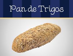 a loaf of bread with the words pan de trioos in front of it on a blue and white striped background