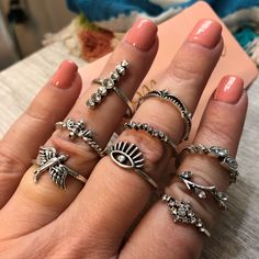 This Knuckle Ring Set Includes Nine Rings. Silver Toned With Rhinestone Details. Sizes Range From 6.5 To 8. They Are Meant To Be Worn On Different Fingers Or Even Layered On Same Finger. Super Cute! Knuckle Ring, Rings Silver, Knuckle Rings, Ring Set, Ring Sets, Silver Tone, Meant To Be, Super Cute, Range