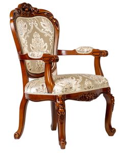 an ornate wooden arm chair with floral upholstered fabric on the back and arms