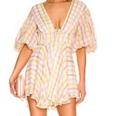 For Love & Lemons Never Worn Yellow Puff Sleeve Dress For Spring, Yellow Puff Sleeve Dress For Summer, Yellow Puff Sleeve Mini Dress With Ruffles, Yellow Puff Sleeve Mini Dress For Summer, Feminine Yellow Mini Dress, Yellow Puff Sleeve Mini Dress For Spring, Yellow Puff Sleeve Day Dresses, Yellow Puff Sleeve Daywear Dress, Fitted Yellow Puff Sleeve Mini Dress