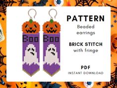 a pair of halloween beaded earrings with ghost and pumpkins