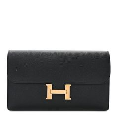 This is an authentic HERMES Epsom Constance Long Wallet in Black. This wallet is crafted of stamped epsom calfskin leather. It features a flap closure that opens with a gold HW clasp to a black leather interior with card slots, billfolds, and a zippered pocket. Long Wallet, Leather Interior, Card Slots, Calf Skin, Slots, Black Leather, Stamp, Wallet, Leather