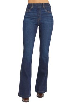 The Spanx Midnight Shade Flare Jeans are  truly the perfect staple! They  were created with comfortable stretch denim, high-rise coverage and the slim built-in. What more could a girl ask for?! Pair it with your favorite tees, sweaters, or blouses!   Size + Fit    Model is wearing size S   Pull-on design = less bulk and a completely flat front​   Hits at natural waist for great coverage​    Inseam: Regular = 34”  Structured stretch-fabric for easy movement and comfort​ Busbee Style, High Waist Wide Leg Jeans, Denim Flare Jeans, Pull On Jeans, Long Jeans, Flare Leg Jeans, Fashion Tips For Women, Denim Flares, Faux Leather Leggings