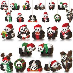 christmas pandas are hanging from strings with hats and scarves