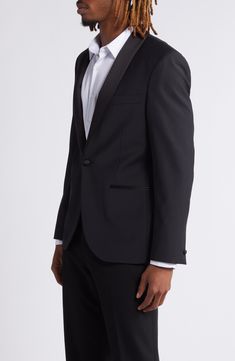 Streamlined and smart, this dinner jacket made with polished wool features satin lapels and a covered front button for a classic, elegant look. 28 1/2" length (size 42) One-button closure Shawl collar Chest welt pocket; front welt pockets Lined 52% wool, 43% polyester, 5% elastane Dry clean Imported Elegant Formal Blazer With Lapel Collar, Elegant Blazer With Lapel Collar For Formal Occasions, Classic Single Button Tuxedo For Formal Events, Classic Evening Single-breasted Suit, Tailored Single Button Tuxedo With Lapel Collar, Tailored Classic Blazer For Black-tie Events, Tailored Single Button Blazer For Black-tie Events, Formal Tuxedo With Single Button And Lapel Collar, Classic Single Breasted Tuxedo For Evening