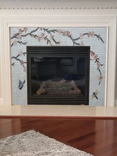 a living room with a fire place and rug on the floor