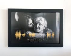 a black and white photo of two women with sound waves in front of them on the wall