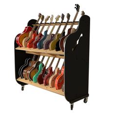 a rack with guitars on wheels is shown