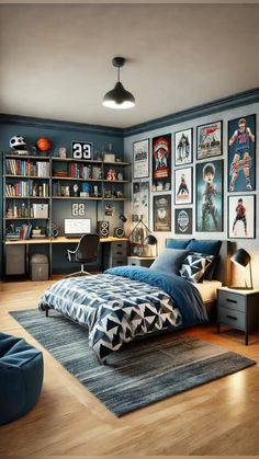 a bedroom with blue walls and pictures on the wall above the bed, in front of a bookshelf