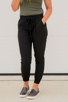 Cute and comfy, what more can you ask for? Joggers are perfect for quick, casual, stylish outfits! Pair these joggers with any sweatshirt and your favorite casual shoes. 70% Rayon 26% Nylon 4% Spandex Contrast: 95% Cotton 5% Spandex Hand wash cold. Do not bleach. Line dry. Iron warm if necessary Inseam: 27 inches Versatile Cotton Sweatpants With Pull-on Style, Comfortable Casual Black Bottoms, Spring Leisure Joggers With Drawstring, Sporty Joggers With Elastic Waistband For Leisure, Sporty Fall Sweatpants With Side Pockets, Comfortable Joggers With Side Pockets For Fall, Sporty Sweatpants With Side Pockets For Fall, Fall Athleisure Tapered Leg Joggers, Comfy Black Bottoms With Comfort Waistband