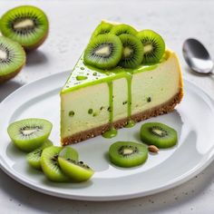 a slice of cheesecake topped with kiwi slices