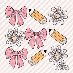 pencils with bows and flowers on them are drawn in the style of cartoonism