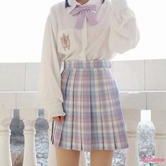 Qteee - Academy Plaid Pleated Skirt: High-Waisted Grid Pattern Cute High-waisted White Skirt, Cute High Waist White Skirt, Cute White Skirt For School, Cute White School Skirt, Cute White Skort For School, White Skirt For School In Fall, Cute Plaid Skirt For Spring, Cute High Waist Pleated Skirt, High Waist Purple Casual Skirt