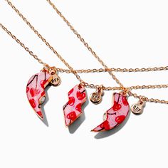 Recognize the bond between you and your two besties with this best friends necklace set. The three-pack shares a heart-shaped pendant that's covered in red cherries. Each necklace is finished with a tiny "BFF" charm. Pack Size: 3Finish: Gold-toneLength: 16 + 3 in. extender / 40.64 + 7.62 cm. extender Closure: Lobster claspMaterial: Metal - Claire's Best Friends Cherry Heart Pendant Necklaces - 3 Pack Bestie Necklace, Two Besties, Best Friends Necklace, Crown Hair Clip, Sensitive Ears Earrings, Friends Necklace, Piercing Kit, Flower Crown Hairstyle, Special Occasion Hairstyles