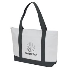 Here is a simple tote that is perfect to carry around during a trade show or seminar. Comes in white trimmed with red, royal, or black. Also comes in all black. Has a front flap pocket, and large main compartment with shoulder length handles. Custom Zippered Full Handle Tote Bag in Black | 600 Denier | Totes | Zippered Top Closure Totes Functional White Canvas Bag With Reinforced Handles, White School Bag With Reinforced Handles, On-the-go White Canvas Bag With Zipper Pocket, Functional White Canvas Bag For On-the-go, White Laptop Bag For On-the-go, Simple Tote, Zipper Top, White Trim, Trade Show