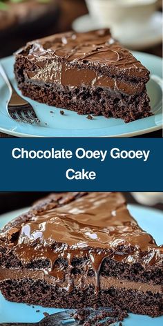 chocolate ooey gooey cake on a blue plate