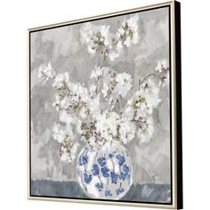 a painting of white flowers in a blue and white vase on a gray background framed canvas wall art print