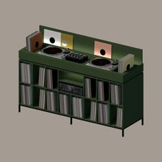 a record player cabinet with two turntables on each side and records in the middle