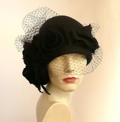 "Black veil hat,Cloche Felted Hat, felt hat, Cloche Hat, black Hat, Art Hat Black Hat La belle epoque Art Deco 1920s hat Art Hats Black hat cloche 1920's hat black roses Hats&Caps Accessories Handmade Great, very flattering black hat with black veil! Adapts to the head ! Special and unique ! Sophisticated and elegant ! I can make this hat in other colors and sizes. Made just for you To measure your head: Using a tape measure, go around head about 1\" above eyebrows in front and include the l Black Cloche Costume Hat For Wedding, Black Cloche Wedding Hats And Headpieces, Black Cloche Wedding Hat, Black Gatsby Style Hats For Evening, Black Cloche Hat For Races, Black Cloche Hat For Party, Black Cloche Hat For Church, Black Cloche Costume Hat For Church, Black Hats For Winter Races