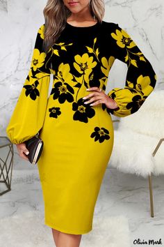 Olivia Mark - Floral Print Womens O-Neck Pencil Skirt Dress in Pink Cocktail Dress Yellow, Pencil Skirt Dress, Formal Cocktail Dress, Printed Pencil Skirt, Yellow Print, Hip Dress, Lantern Sleeve, Skirt Dress, Lantern Sleeves