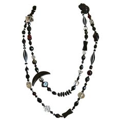 Unique Czech crystal and black glass Art Deco Sautoir necklace dating to the 1920's. Length is 54" end to end. Deep garnet accent beads. Silver clasp with black cabochon stone. Very good condition. Czech Glass Jewelry, Glass Art Deco, Czech Art, Beautiful Pearl Necklace, Black Pearl Necklace, Pearl And Diamond Necklace, Glas Art, Vintage Beads Necklace, Cultured Pearl Necklace