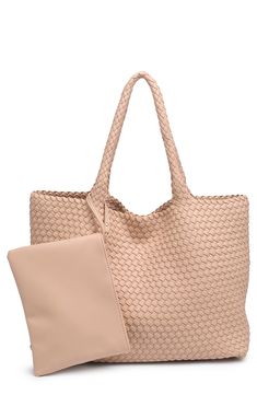 A woven construction gives this spacious and unlined tote bag it's relaxed and slouchy silhouette to compliment your on-the-go lifestyle. Synthetic Two top handles Polyurethane
 Imported Casual Woven Leather Pouch Shoulder Bag, Casual Woven Hobo Bag In Pouch Shape, Summer Woven Shoulder Bag For On-the-go, Casual Woven Hobo Pouch Bag, Beige Woven Leather Pouch Bag, Beige Woven Leather Bag For On-the-go, Beige Woven Leather Bag For Everyday Use, Casual Natural Bucket Bag For On-the-go, Casual Beige Hobo Bag With Woven Leather