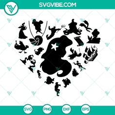 the silhouettes of various disney characters are arranged in a heart shaped shape, with an arrow