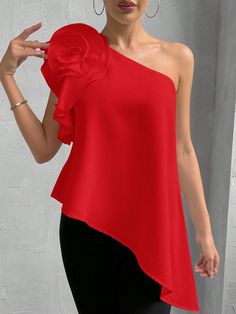 Women Solid Color Oblique Shoulder 3D Floral Decor Sleeveless Fashion Top Red Casual  Sleeveless Woven Fabric Plain  Non-Stretch  Women Clothing, size features are:Bust: ,Length: ,Sleeve Length: Layered T Shirt, Bandana Hairstyles, Vest Fashion, Kids Sleepwear, Inspiration Mode, Knit Sweater Cardigan, Floral Blouse, Blouse Top, Women Clothes Sale