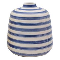 a blue and white striped vase on a white background