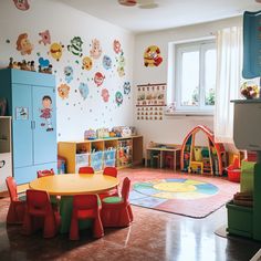 a child's playroom with toys and furniture