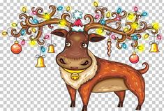 a reindeer with christmas lights on its head and bells hanging from it's antlers