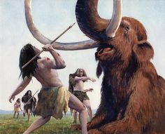 a painting of two men with long horned horns and one man holding a spear in front of an oxen