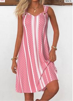 "Stay cool and stylish with the ROTITA Breathable Striped Pink A Line V Neck Sleeveless Dress. This lovely dress features a refreshing striped pattern in soft pink hues, with a flattering A-line silhouette and a chic V-neckline. The sleeveless design and breathable fabric make it perfect for warm weather, whether you're heading to a picnic, beach outing, or casual day out. Pair it with your favorite sandals and a sunhat for an effortlessly chic look!" V Neck Sleeveless Dress, Dresses Church, Beach Outing, Church Attire, Latest Dress For Women, Picnic Beach, Cute Stars, Printing Design, Plus Size Maxi Dresses