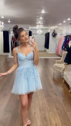 straps light blue lace appliques A-line short homecoming dress party dress #homecoming2023 Blue Lace Mini Dress For Homecoming, Light Blue Homecoming Dress, Blue Homecoming Dress, Pink Lace Shorts, Tulle Material, Blue Homecoming Dresses, A Line Shorts, Short Homecoming Dress, Homecoming Dress