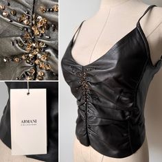 Chic Y2K Chocolate Brown Leather & Bugle Beaded Vest Top. Made by luxury design house "ARMANI" Made in Italy. Brand New and Unworn mint condition with Tags still attached  (Authenticity Certificate included) Original sale price  tag of $975) * Soft Supple Chocolate Brown 100% Leather * Glass Bugle Beaded Detail (with pouch of spare beads attached with the tags) * Runched/Gathered Design to the front * Low Cut back  * Slim Spaghetti Straps * Fully Lined * Back Zip Size:  Label - Italian 40 US Siz Beaded Vest, Brown Leather Top, Chic Y2k, Authenticity Certificate, Womens Tank Tops, Bugle Beads, Top Tank, Size Label, Vest Top